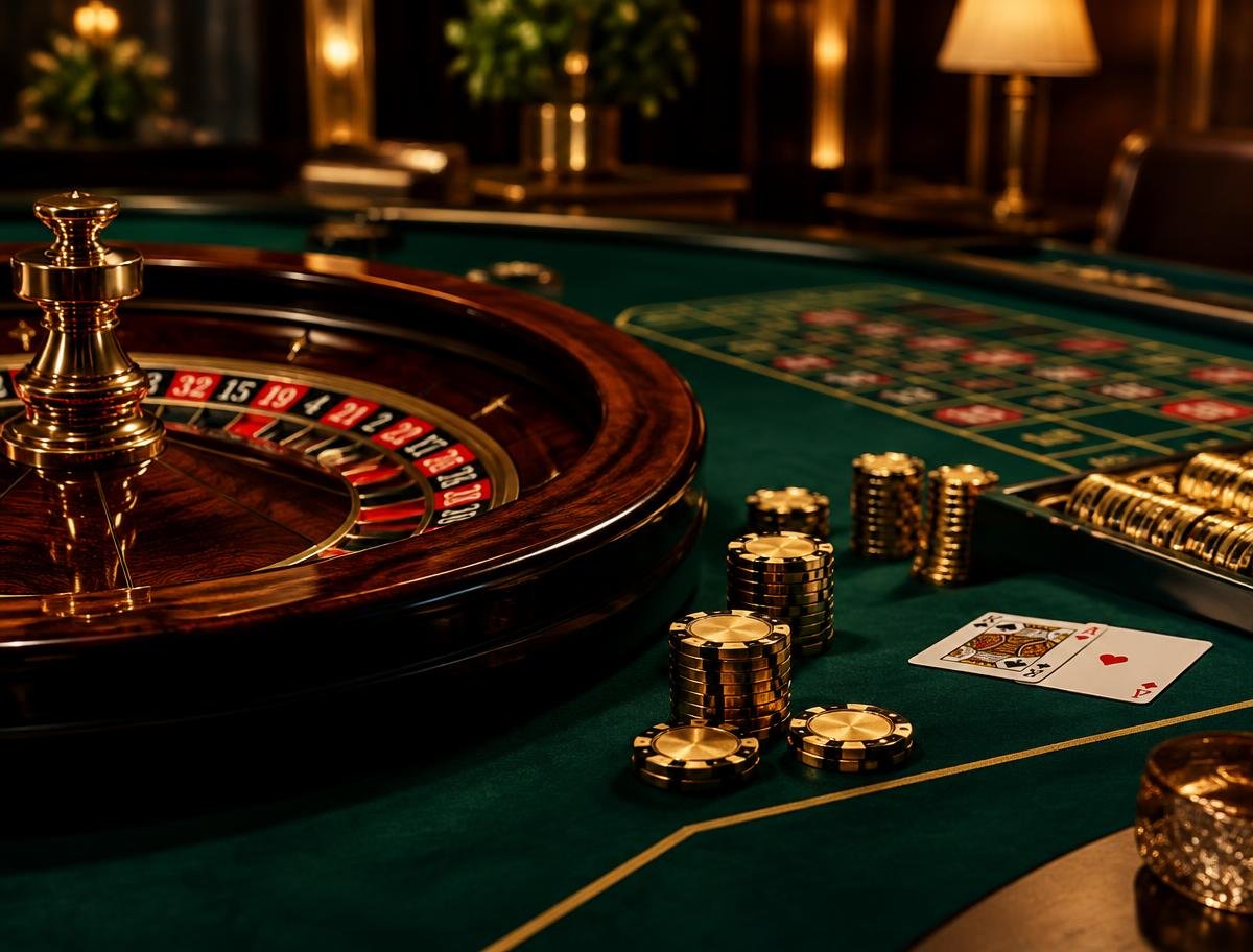 Roulette, cards and casino chips on a live gaming table